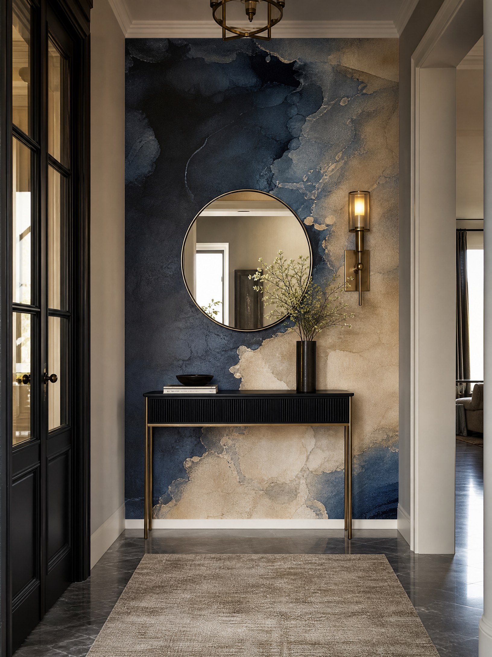 Ink blue and sand wallpaper accent wall in an entry hall