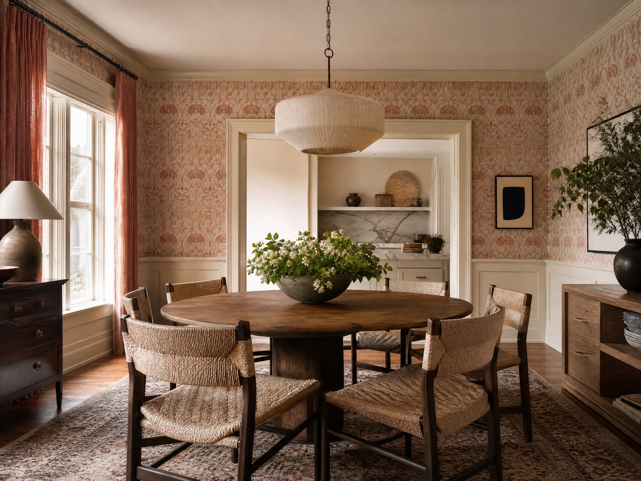 Dining room with terracotta and cream patterned wallpaper