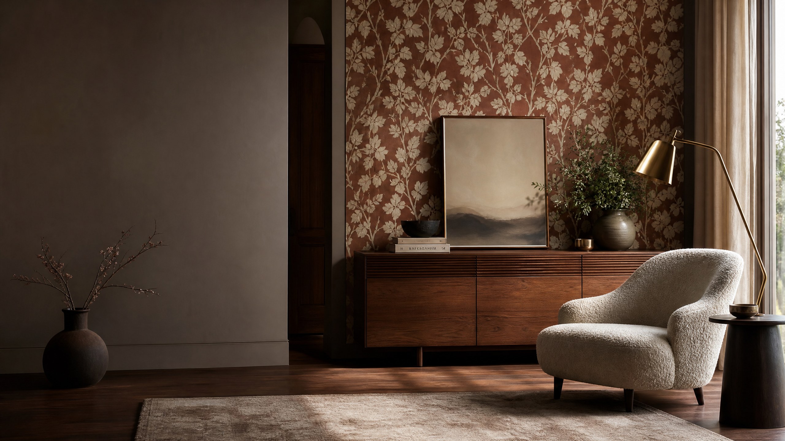 Sophisticated living room with a clay and ivory botanical wallpaper feature wall