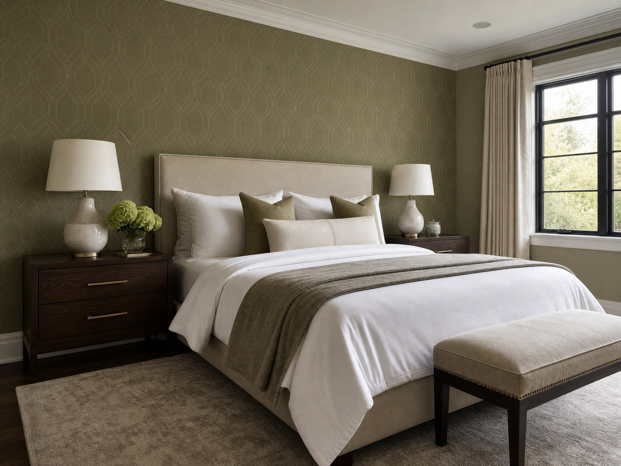 Modern bedroom with muted olive geometric wallpaper
